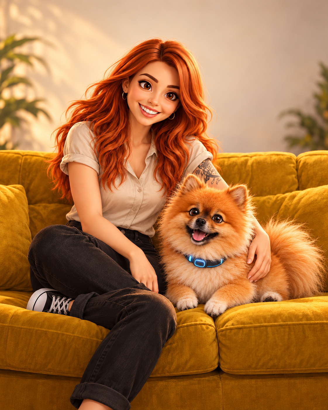 Ilustração de BIA e Spark felizes, juntos em um sofá.